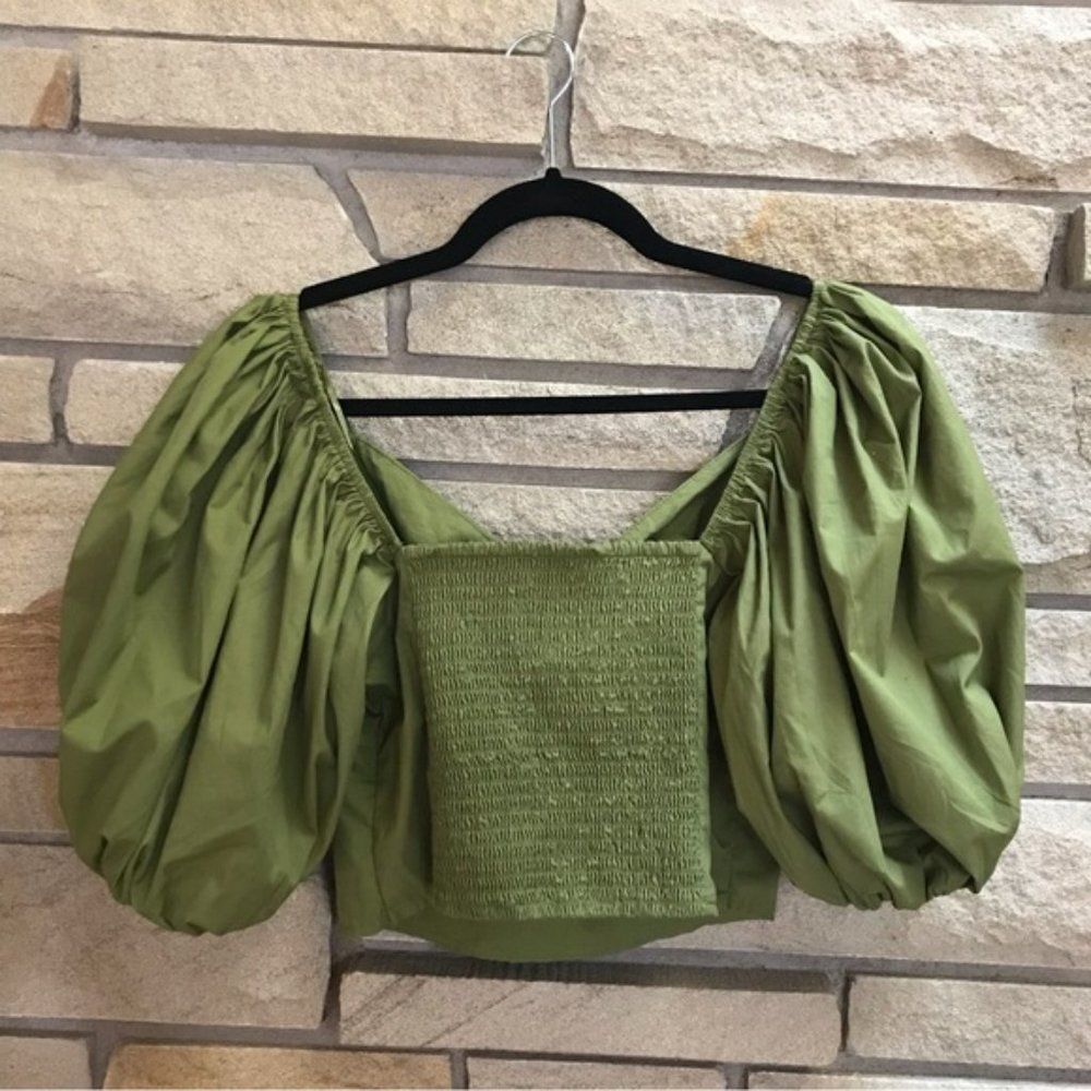 Abercrombie & Fitch Puff Sleeve Poplin O-Ring Top in Green Small - Picture 3 of 10